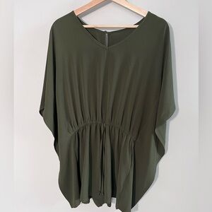 Olive Green V-Neck Drawstring Romper Small Relaxed Dolman Sleeve Casual Outfit